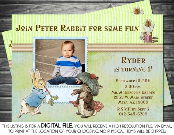 Peter Rabbit Photo Boy Birthday Invitation - Blue, Green, Printable, Digital Il_570xn
