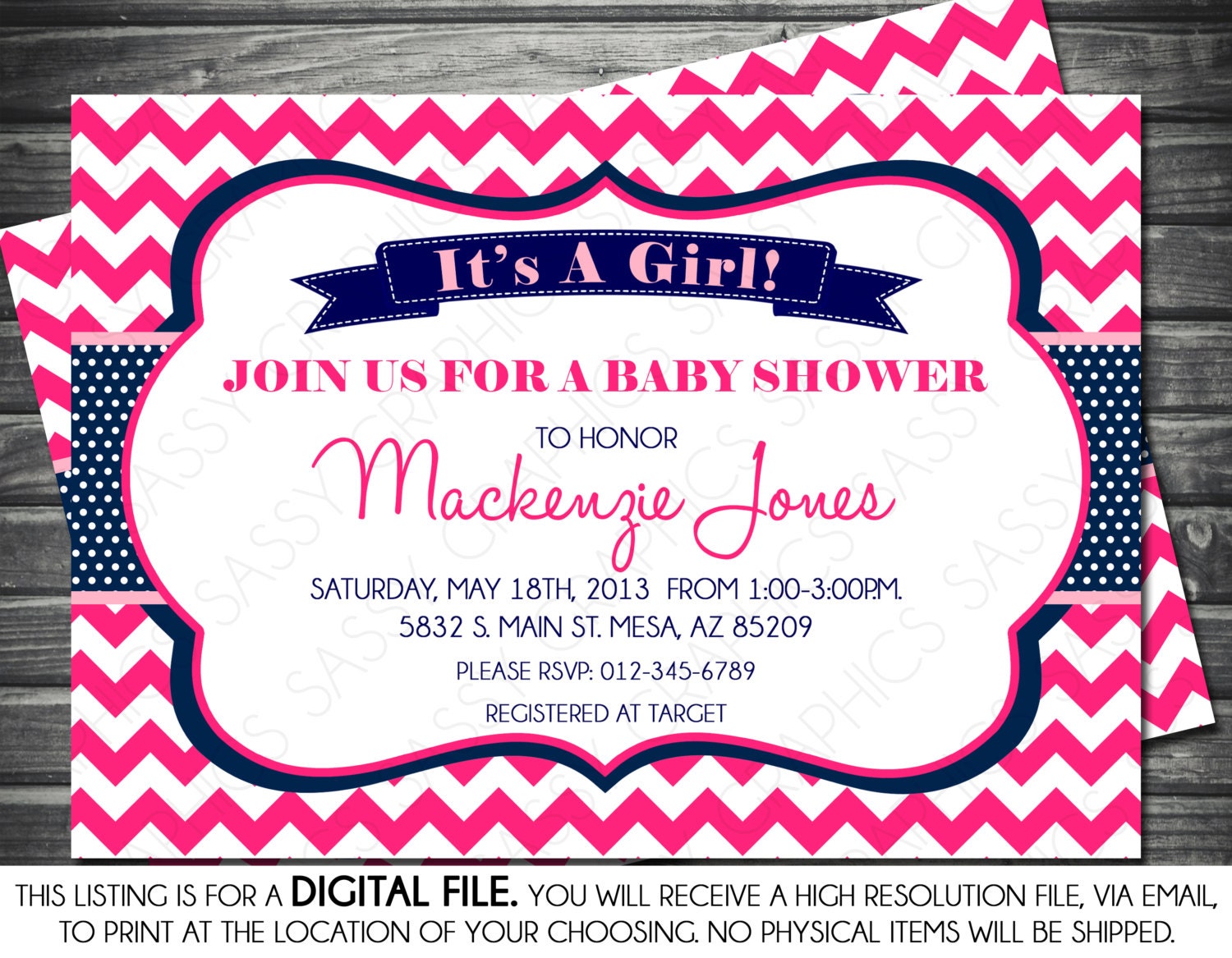 Girls Baby Shower Invitation Chevron Polka Dots Hot Pink