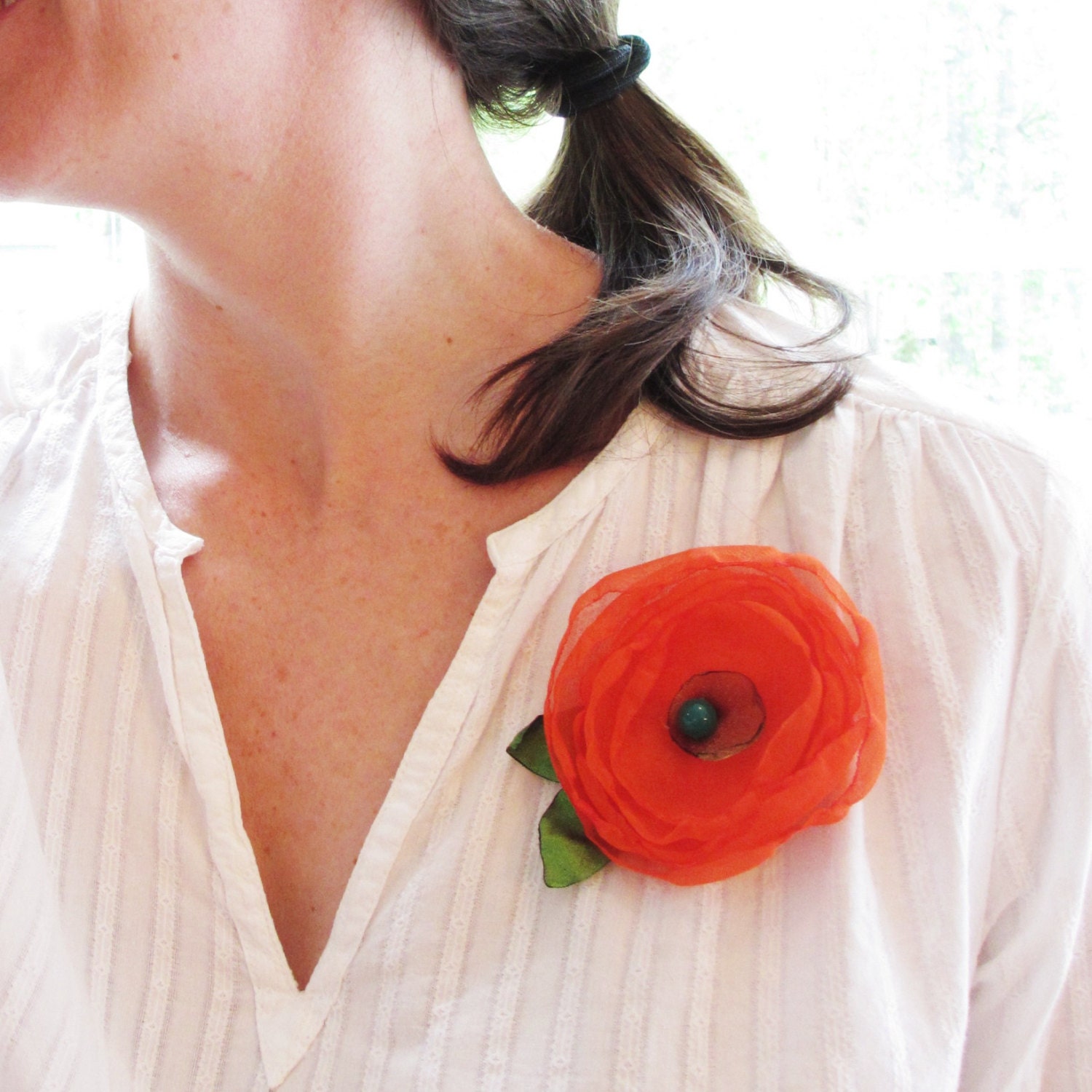 Vivid Orange Flower with Leaves Hair Clip AND Pin Free