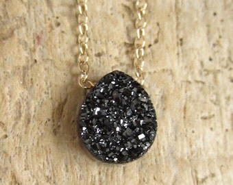 Black Druzy Necklace Titanium Drusy Quartz 14K GF Cable Chain