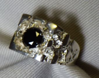 Mens Black Diamond Ring, Certified 1.82 Carats Appraised at 1,525.00 Nugget Style Size 9 Sterling Silver, Real Genuine Diamond