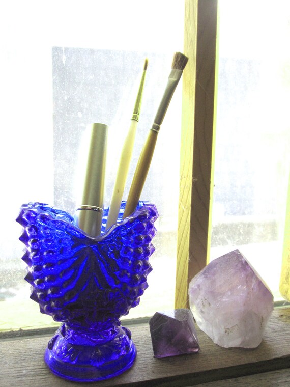 Vintage cobalt blue glass toothpick holder hobnail and sea