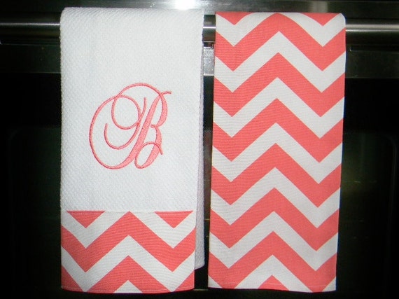 Monogrammed Kitchen Towels or Hand Towels in Coral Chevron