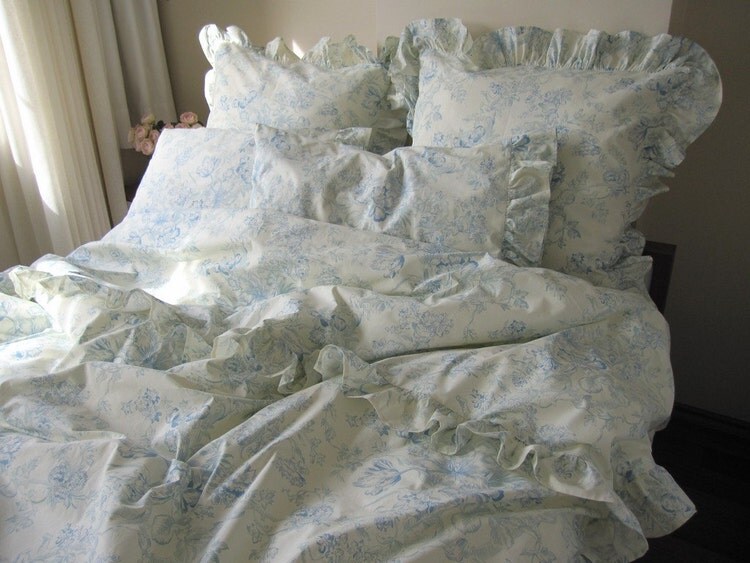 cream pastel Blue floral ruffled Bedding queen size by nurdanceyiz