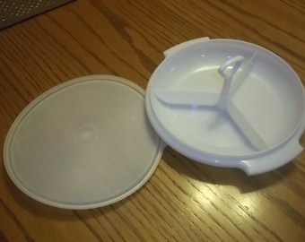 Vintage Tupperware Relish Tray Lazy Susan with lid and handle in classic white