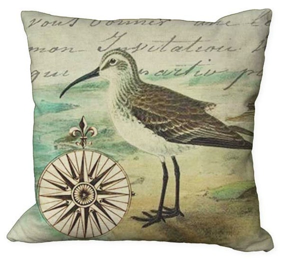 Burlap or Linen Sea Bird and Nautical Compass in Choice of 14x14 16x16 18x18 20x20 22x22 24x24 26x26 inch Pillow Cover