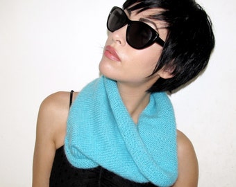 Turquoise handknit mohair infinity scarf
