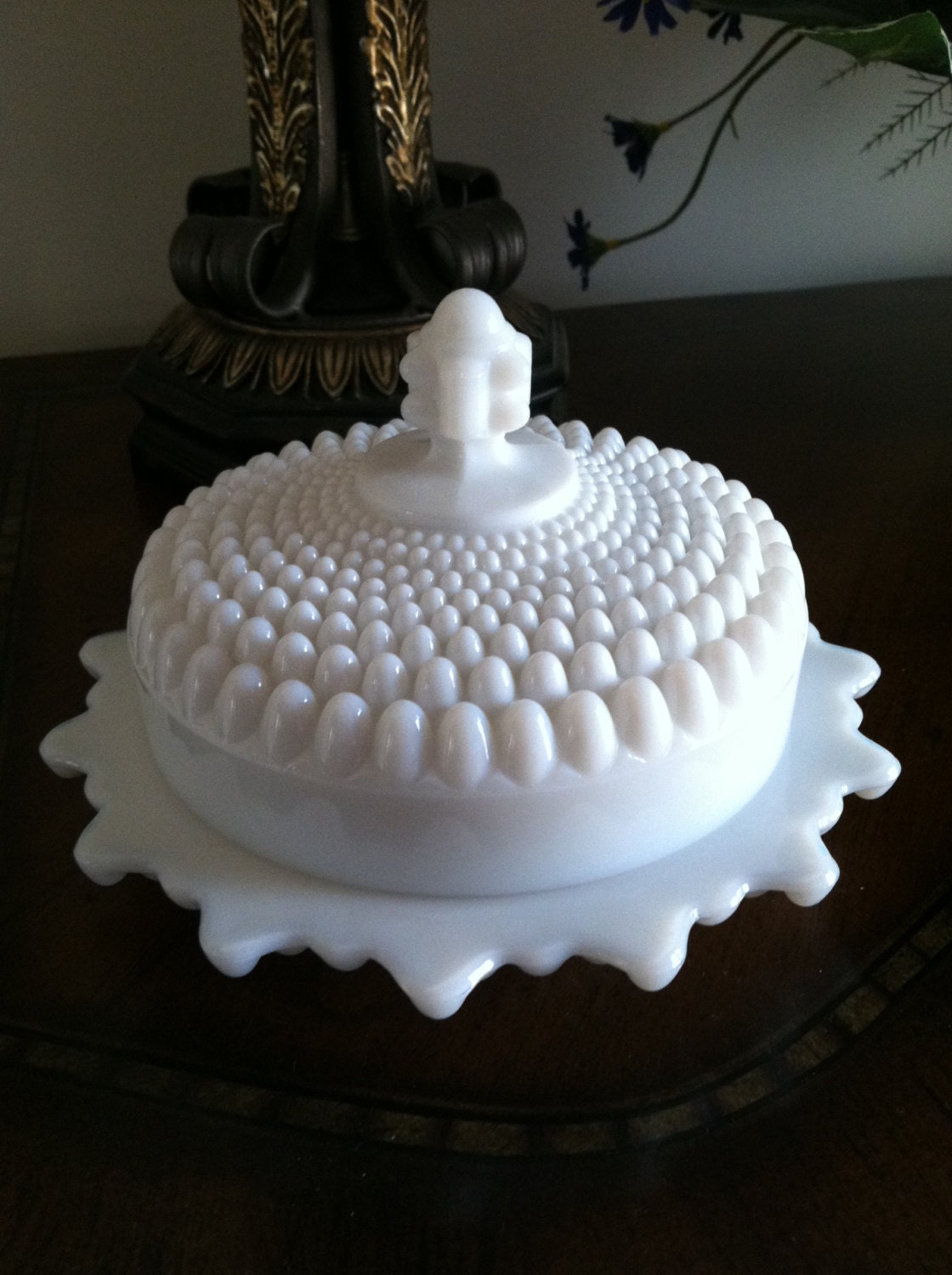 Westmoreland Milk Glass Hobnail Round Butter Dish