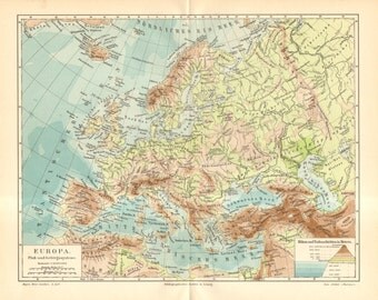 1895 Original Antique Relief Map, River and Mountain System of Europe
