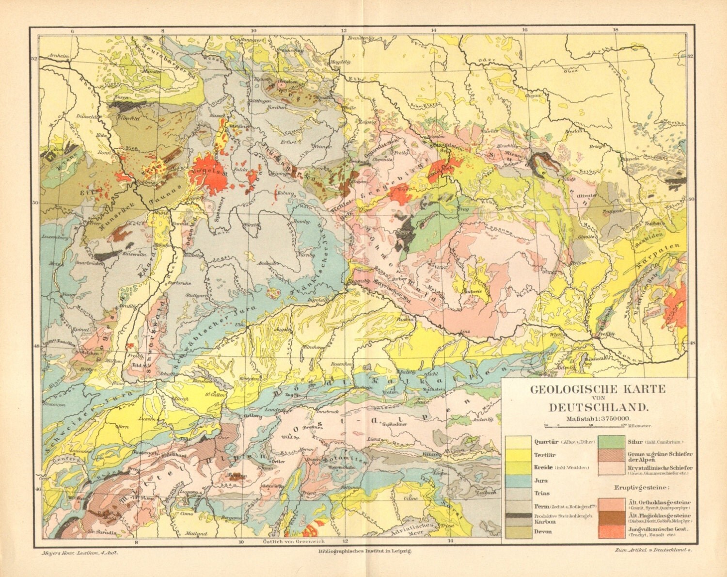 1890 Original Antique Geological Map of Germany