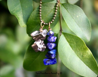 Lapis And Pyrite Minimalist Necklace - Lapis Necklace - Pyrite Necklace - Gift For Her - Antiqued Brass Necklace - Gemstone Necklace