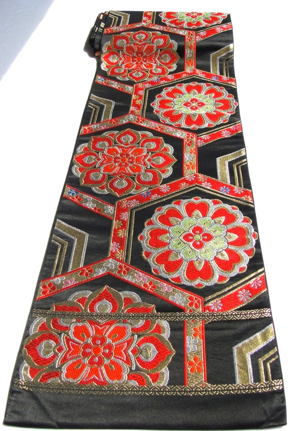 Vintage Japanese Obi. Table Runner. Wall Hanging. Gold Black