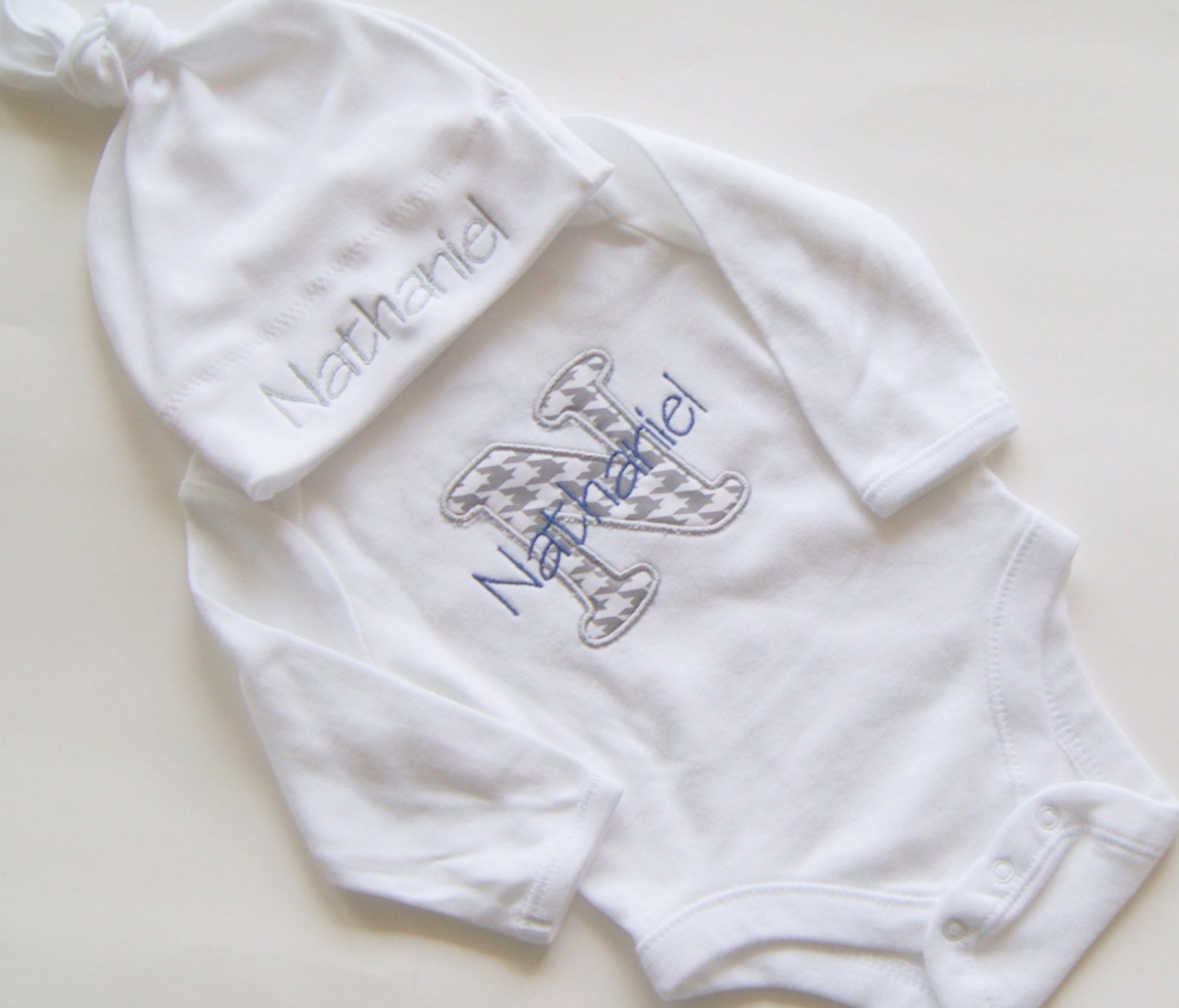 Personalized Onesie and Tie Top Baby Hat Gift Set