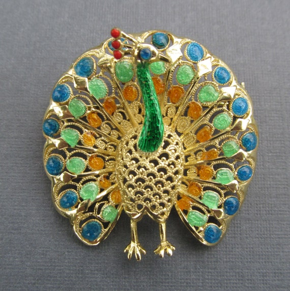 Vintage Sterling Silver And Enamel Peacock Pin Alice Caviness 0508