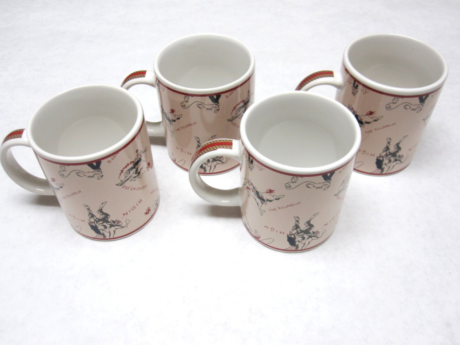 Cowboy Coffee Mugs Cups Set of 4 Black Tan Red White