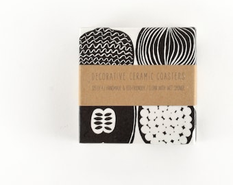Ceramic Tile Coasters Marimekko Kompotti Black and White or Color Version