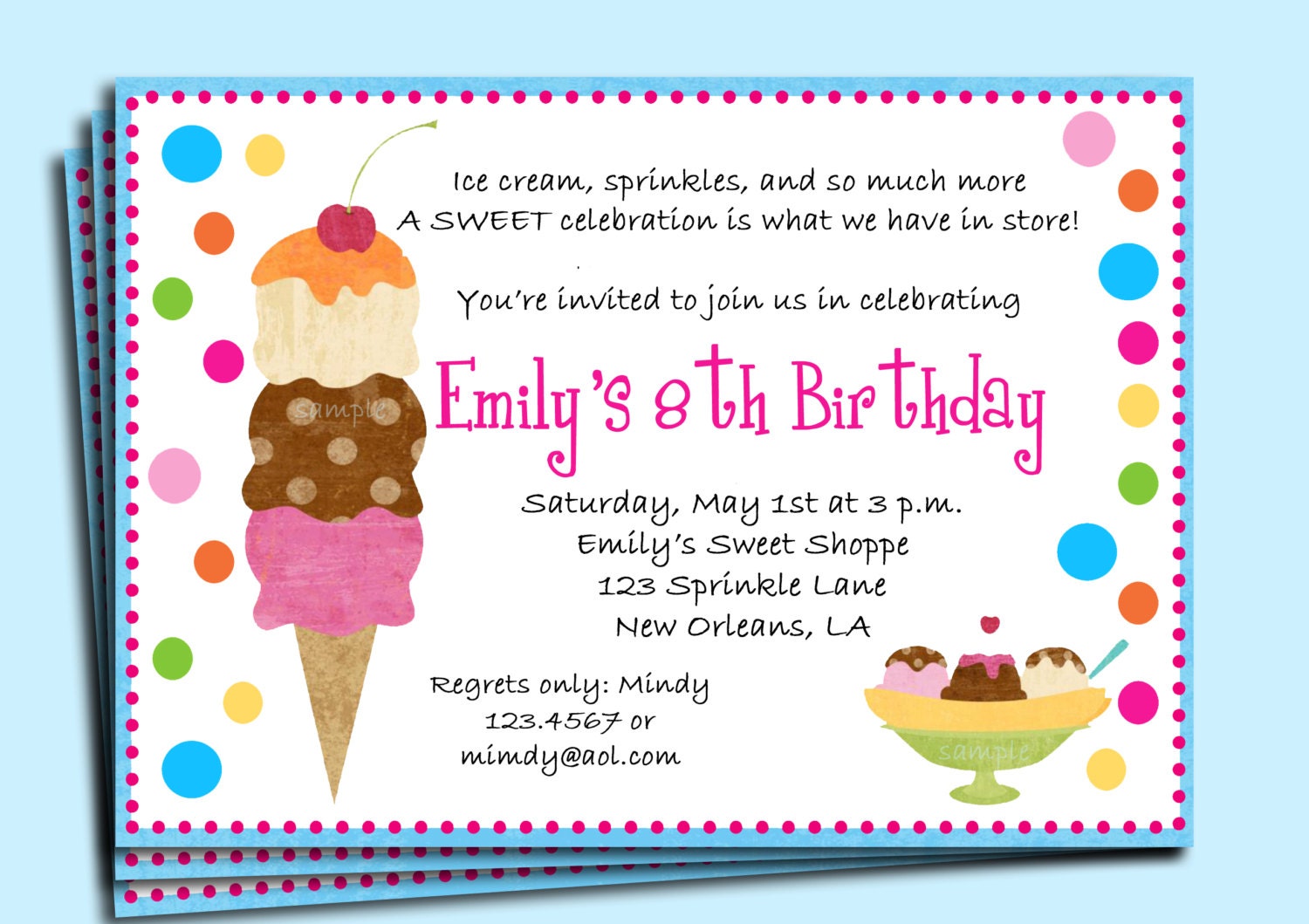 Ice Cream Birthday Party Invitation Printable Or Printed With