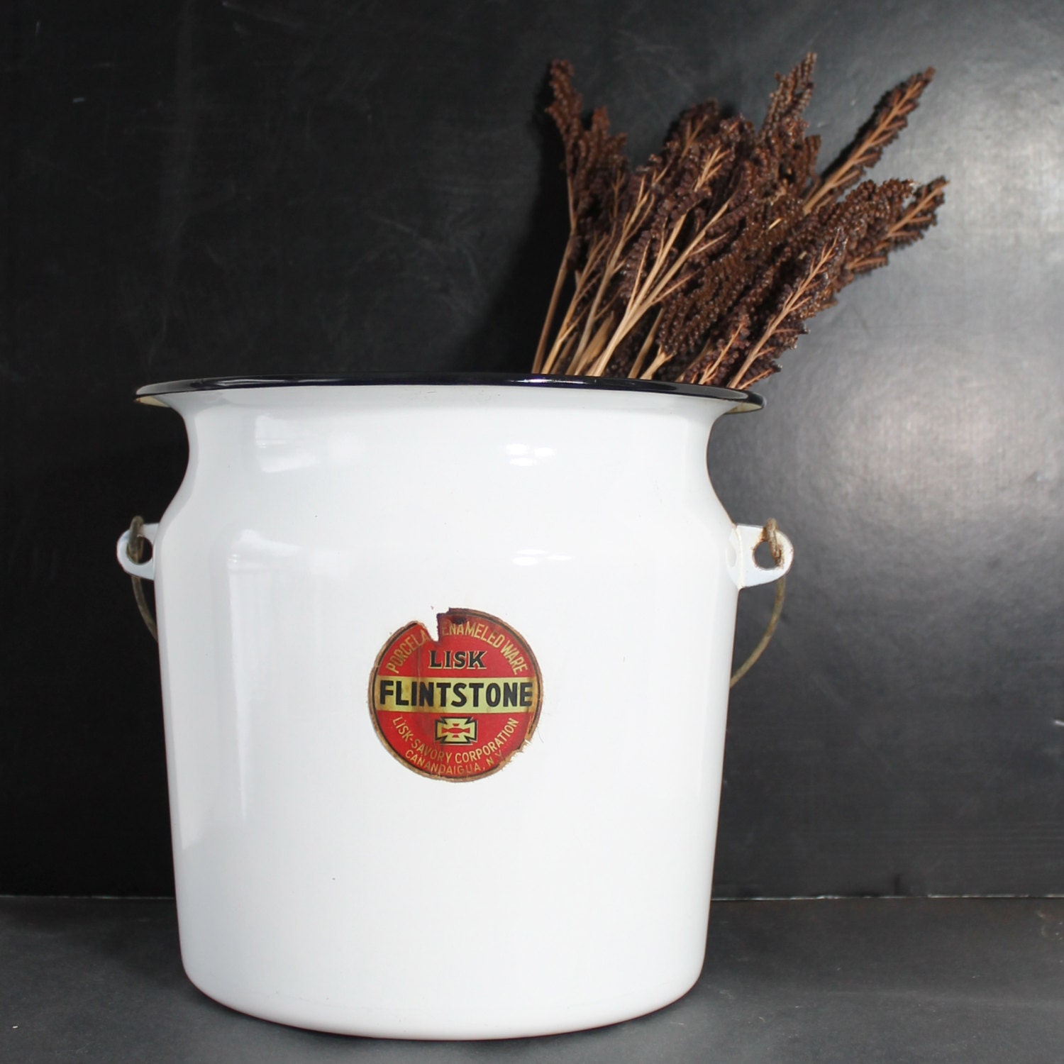 Vintage White Enamel Bucket with Handle