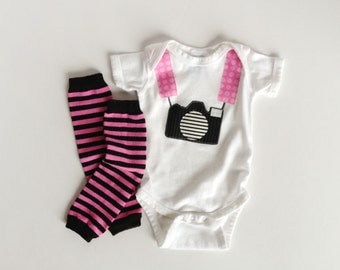 Tourist Baby Camera Onepiece Bodysuit and Pink Baby Leg Warmers