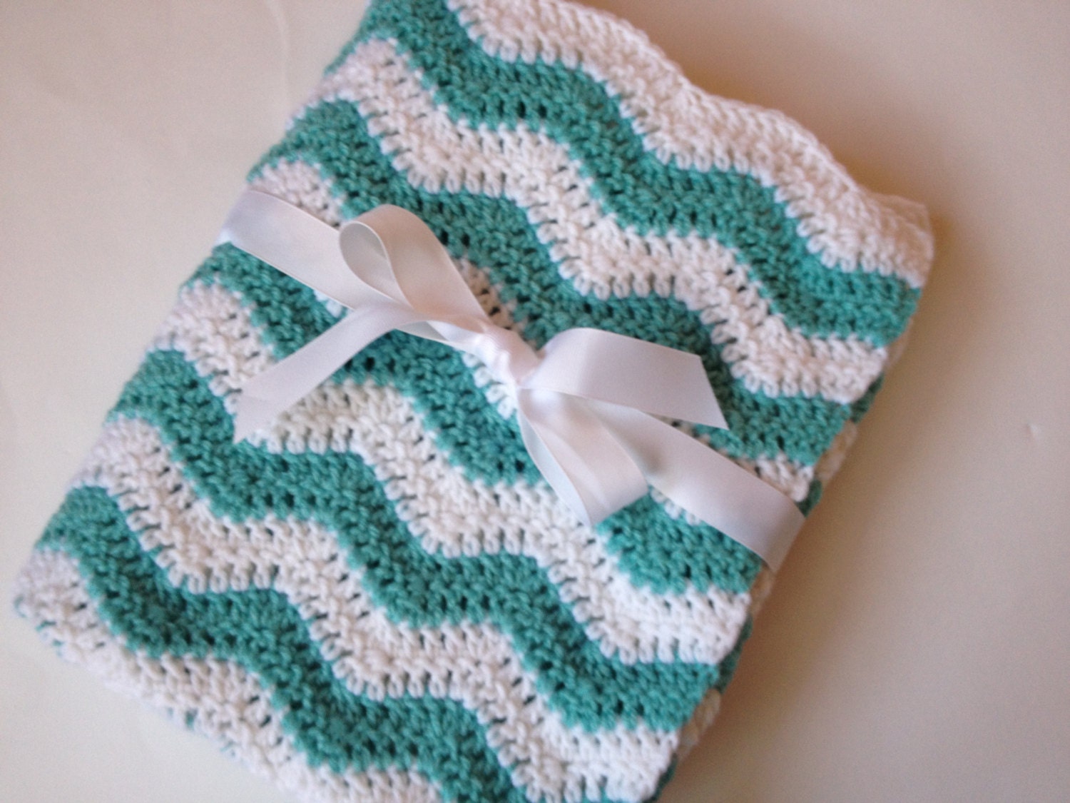 Baby blanket crochet aqua and white ripple chevron blanket