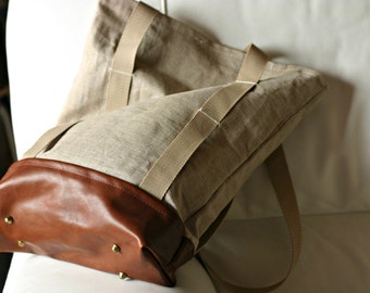 Handmade LINEN and LEATHER Bag - Italian leather - Tote BAG - Linen tote bag