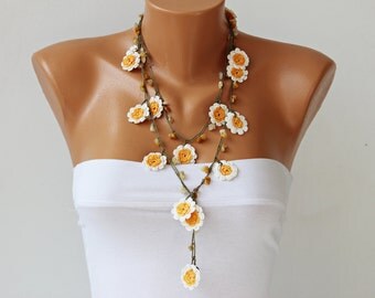 Crochet bead necklace jewelry, crochet necklace, crochet flower necklace