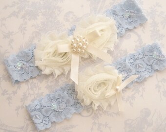 Blue Garter- Wedding Garter Set Blue Lace Toss Garter included Ivory with Rhinestones and Pearls Custom Wedding colors