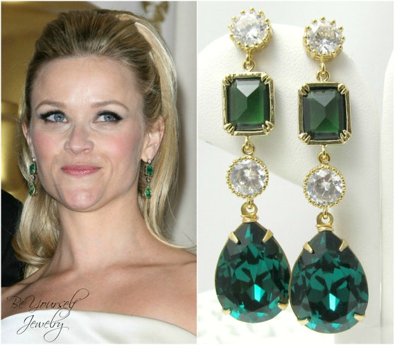 Emerald Earrings For Sale: Gold Emerald Bridal Earrings Long Swarovski ...