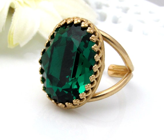 Large Emerald Green Ring Gold Adjustable Ring by BeYourselfJewelry