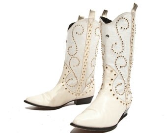 sz 8 1/2 B 80's Vintage Zalo Boots White Leather and Woven Canvas Tweed ...