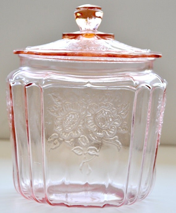 Pink Depression Glass Cookie Jar Open Rose