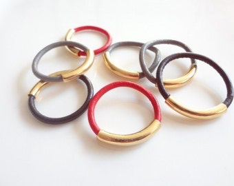 3 Stacked Black Leather Rings Gold Rings Stacking Fashion