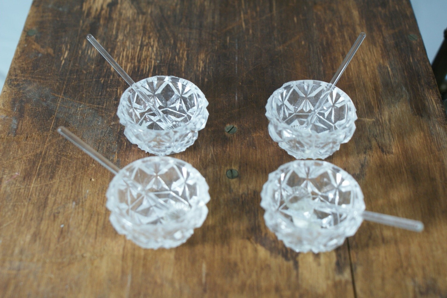 Miniature Crystal Salt Cellars Dishes. Salt Spoons. Individual