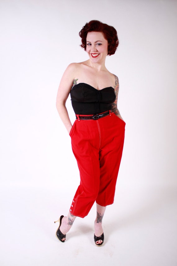 1950s Vintage Pants...Rockabilly Bright Red Sailcloth White