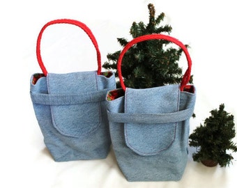 Christmas Plaid Gift Bags Reusable Upcycled Denim Small Tote Vintage Red Green Black Holiday Wrapping (set of 2) 7in --US Shipping Included