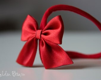 Red Satin Bow Headband - Flower Girl Headband - Satin Red Side Bow Handmade Baby to Adult Headband