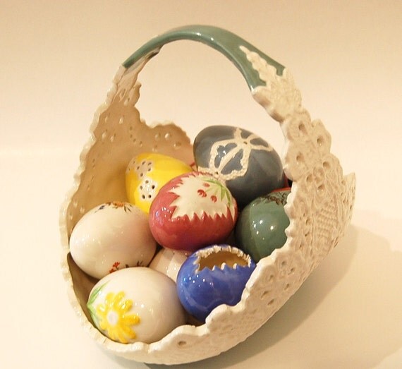 Easter Basket Ceramic Beautiful Handmade Hand Painted and