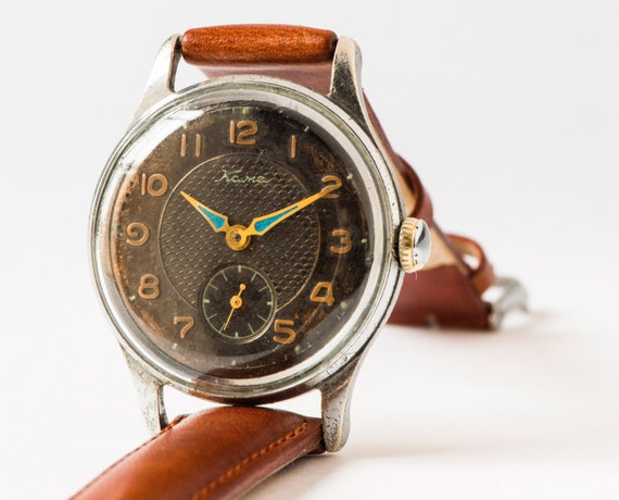 Antique men's wrist watch KAMA Soviet retro wrist watch rare - black ornamented face watch turquoise hands watch