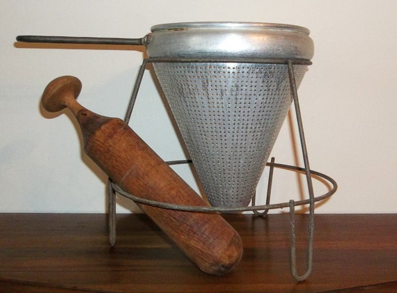 Vintage VIKO Aluminum Colander with Wood Pestle Strainer Sieve