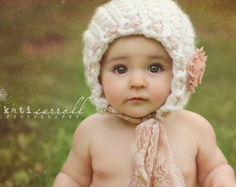 6- 12 mos Baby Bonnet - Pretty Twists FLOWERS AND LACE Vintage Line - beige and ivory - photo prop - knitbysarah - Stitches by Sarah