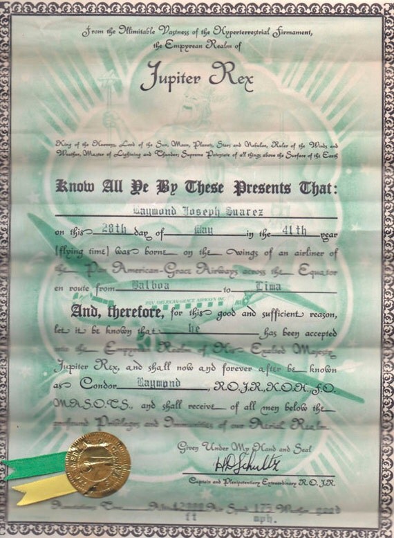 Items similar to 1941 PanAm Jupiter Rex Certificate for Crossing the