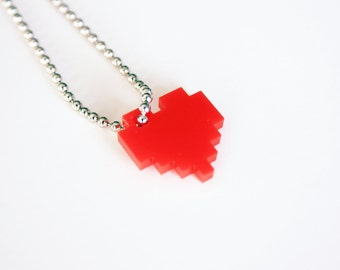 Acrylic Pixel Heart Necklace, Geek Gamer Jewelry, "I Love You in Pixels" in Your Choice of Red, Blue, Black, White