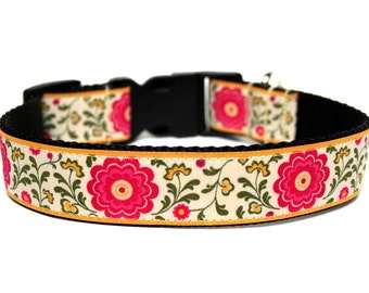 Flower Dog Collar 1" Side Release Pink Green Yellow Matching Flower Add-on Available
