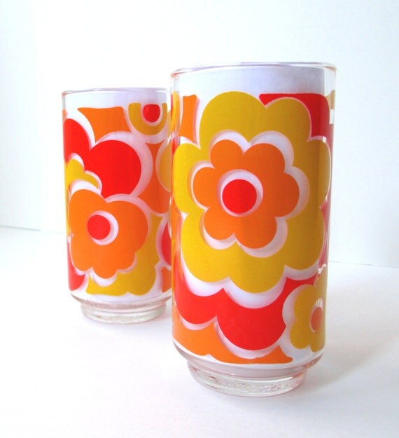 Libbey Glassware Mod 70's Floral Drinking Glasses Set of