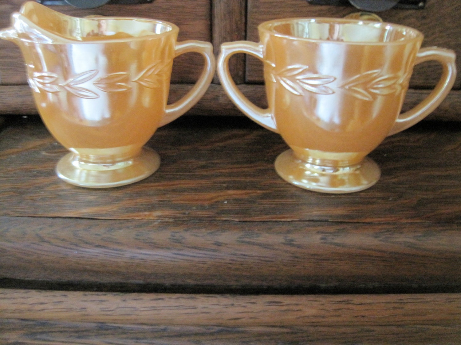 Vintage Fire King Peach Lusterware Sugar Bowl and Creamer Set Haute Juice