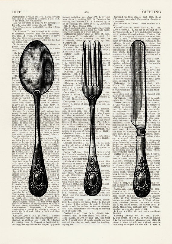 CUTLERY on vintage dictionary page knife fork spoon