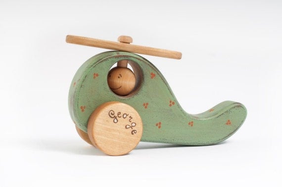 Personalized Wooden Helicopter eco-friendly kids toy with rustic ornament
