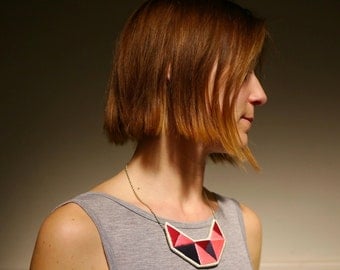 Small embroidered geometric bib necklace in beautiful pinks oxblood red and dark blue
