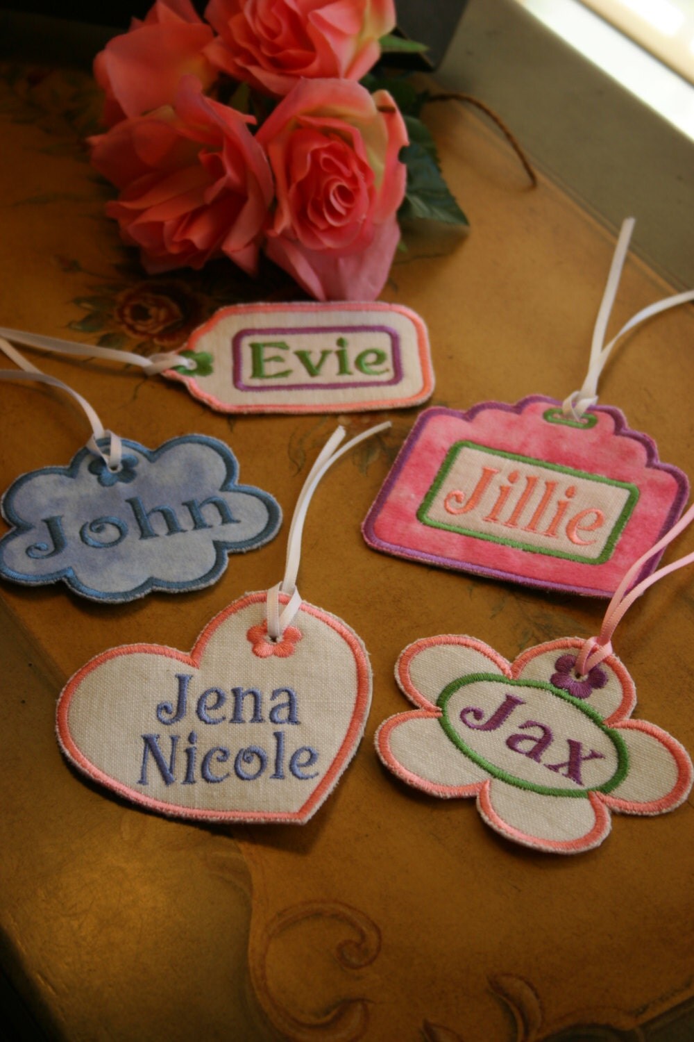 Personalized Custom Name Tag in Fun Shapes with Ribbon Tie