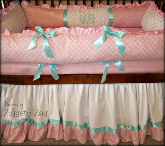 Baby Bedding Pink/ White Lattice with Aqua Trim